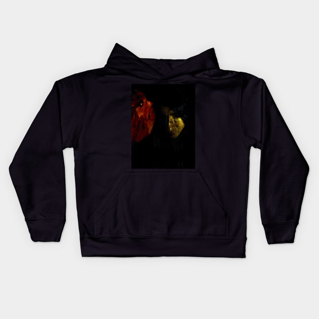 Portrait, collage, special processing. Man, dark costume, long hair, looking down. On left demon of gold. Gold and orange. Kids Hoodie by 234TeeUser234